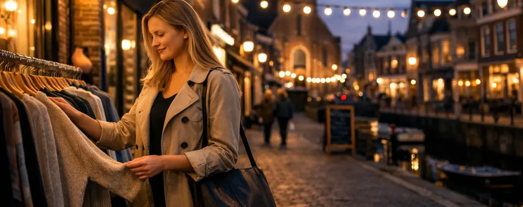 Vrouw winkelt tijdens koopavond in het centrum van Maassluis bij schemering.
