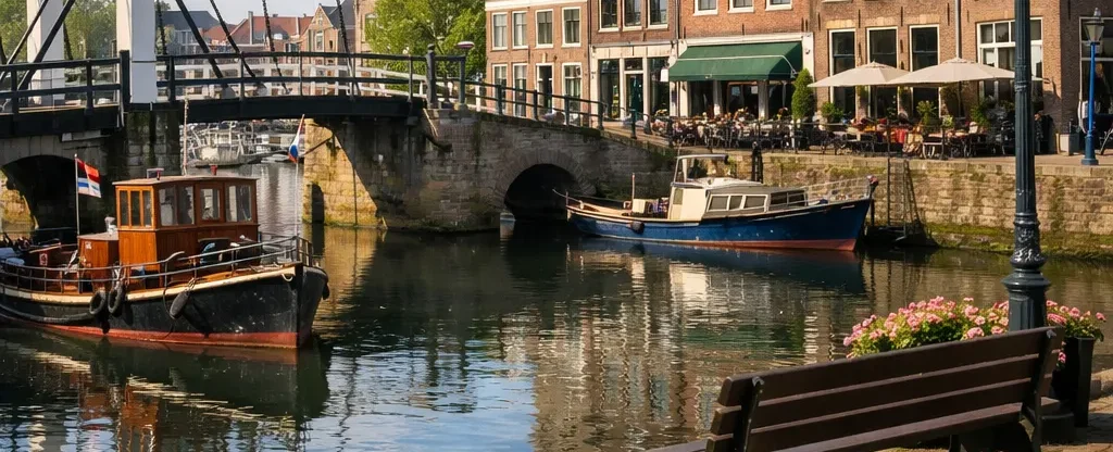 Historische haven van Maassluis op een zonnige zondag met brug en boten