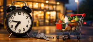 Klok en boodschappenkar voor supermarkt in de avond