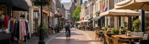 Zonnige winkelstraat in het centrum van Maassluis met terrassen en kerk.