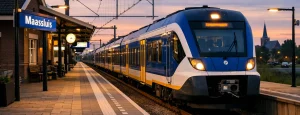 Trein op perron van station Maassluis in de schemering