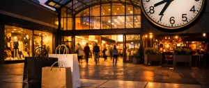 Interieur van een modern winkelcentrum met etalages en shoppers