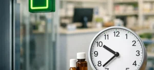 Verlichte apotheekkruis bij ingang met klok en medicijnen binnen.