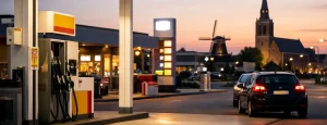 Verlicht tankstation in Maassluis bij zonsondergang