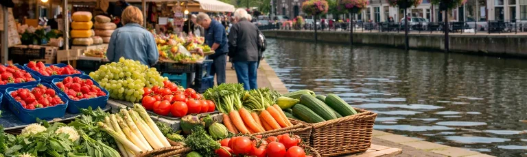 Kramen met groente en fruit op een weekmarkt in Maassluis langs het water.