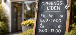 Bord met openingstijden bij dierenartspraktijk in Maassluis