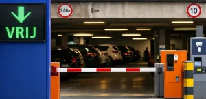 Ingang van een parkeergarage in Maassluis met parkeerbord en slagboom