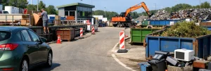 Afvalbrengstation met containers en recycling op een zonnige dag.