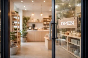 Open winkel met glazen deur en warm interieur