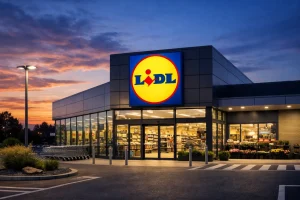 Moderne Lidl supermarkt bij zonsondergang met verlichte ingang