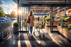 Ingang van een ALDI supermarkt met winkelwagens en verlichte winkel binnen.