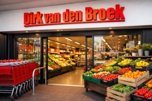 Voorkant van Dirk van den Broek supermarkt met groente en winkelwagens