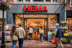Bedrijven in Maassluisnu Mensen lopen een HEMA-winkel binnen in een Nederlandse winkelstraat